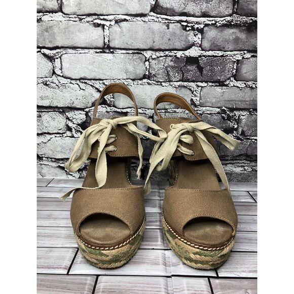 Tory Burch Taupe Canvas Textile Green Tan Espadrilles Wedge Women Sz 10M US/41EU - Picture 13 of 15